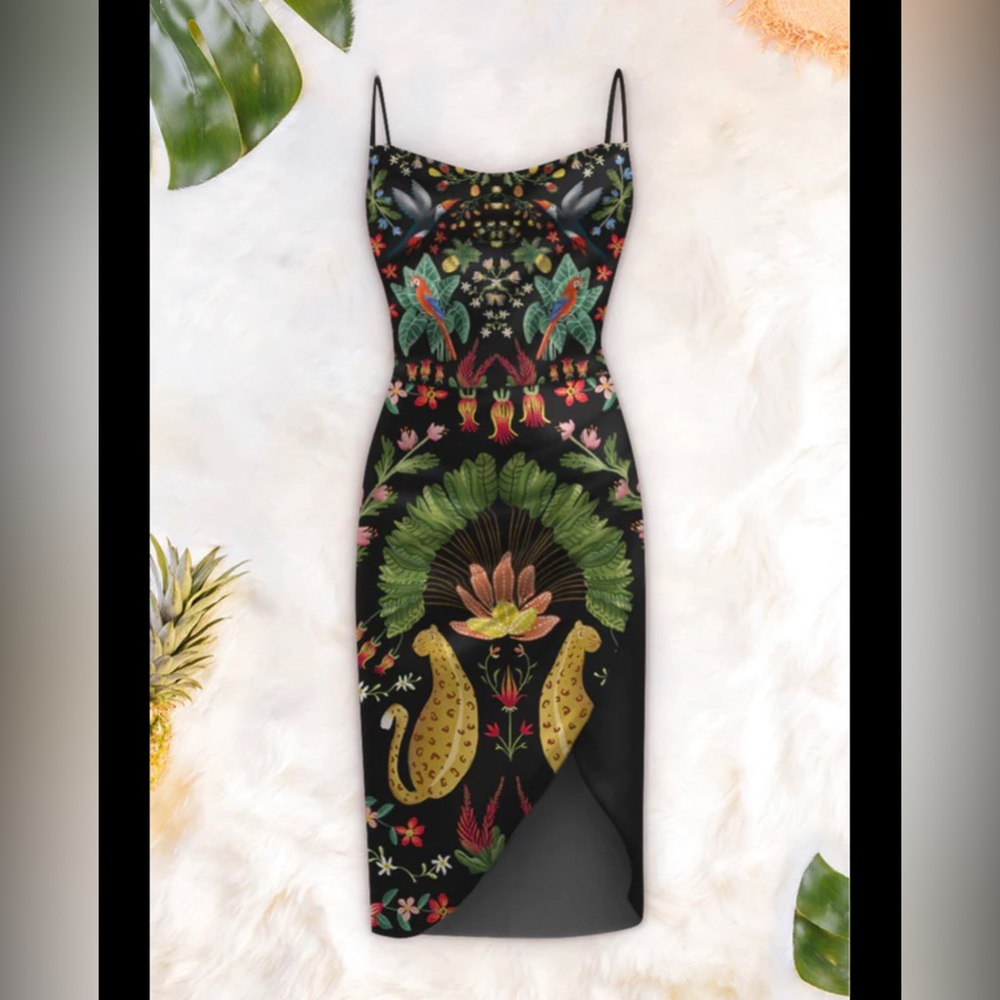 Averie Cowl Midi Dress in Rainforest leopard jungle Print large